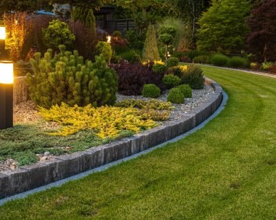 Professionally Landscaped Backyard Garden with Evenly Mowed Lawn and Trimmed Shrubs Illuminated with Outdoor Bollard Lamps.